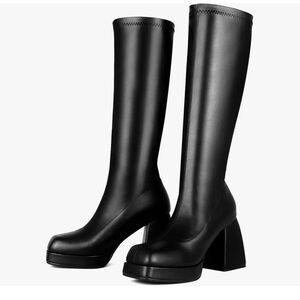 Square toe black knee high boots